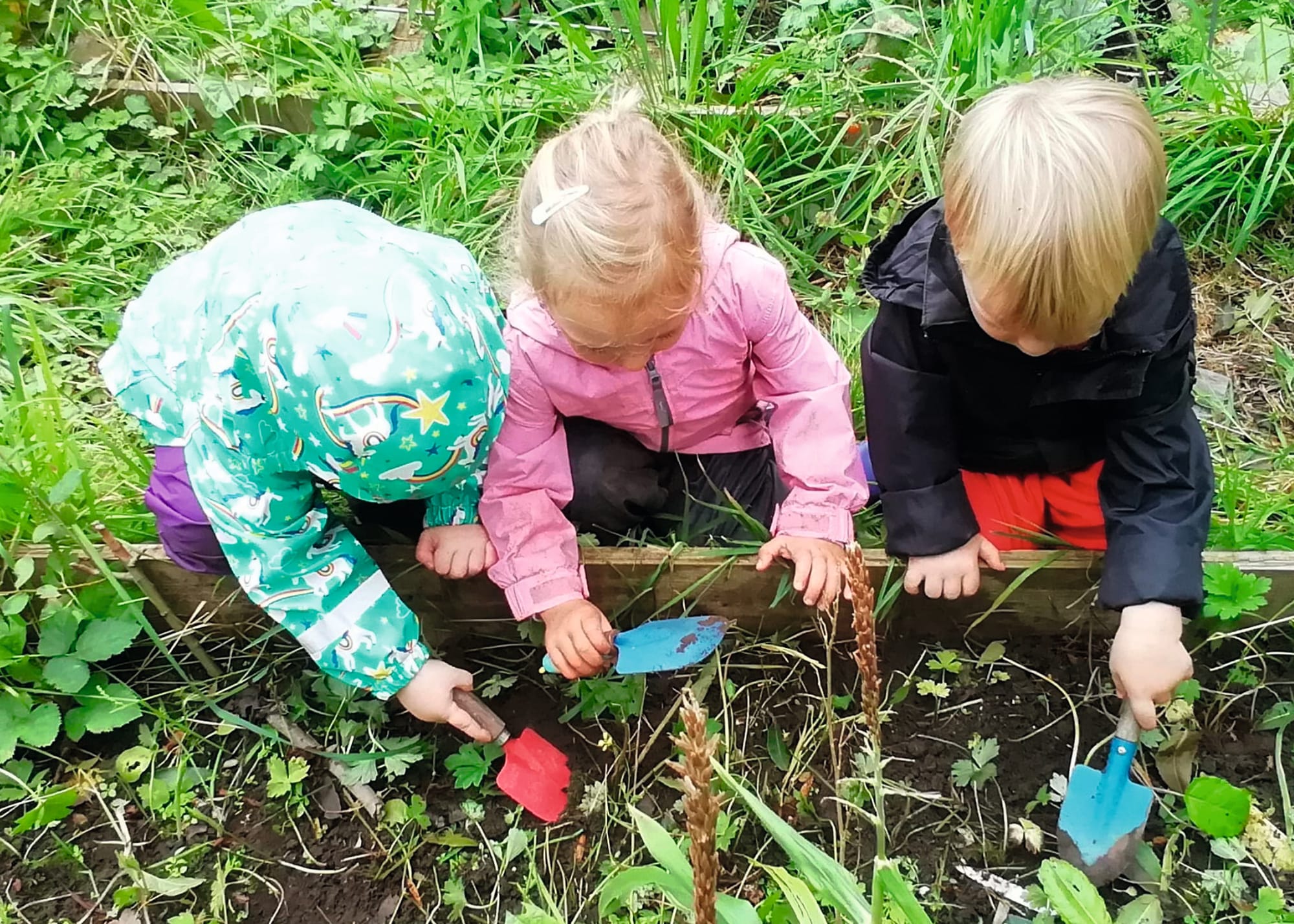 Photograph of three forest school children attending to a raised bed full of plants with trowels