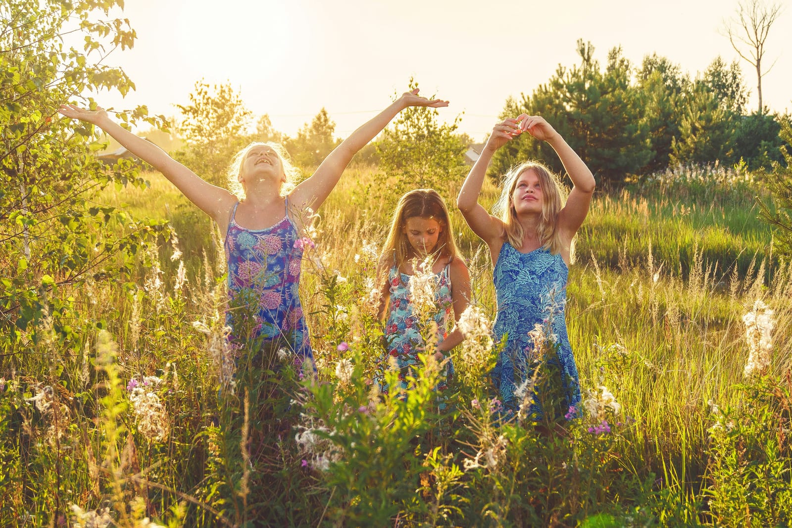 Photograph of three children, standing in a wildflower meadow with their arms raising to the sky