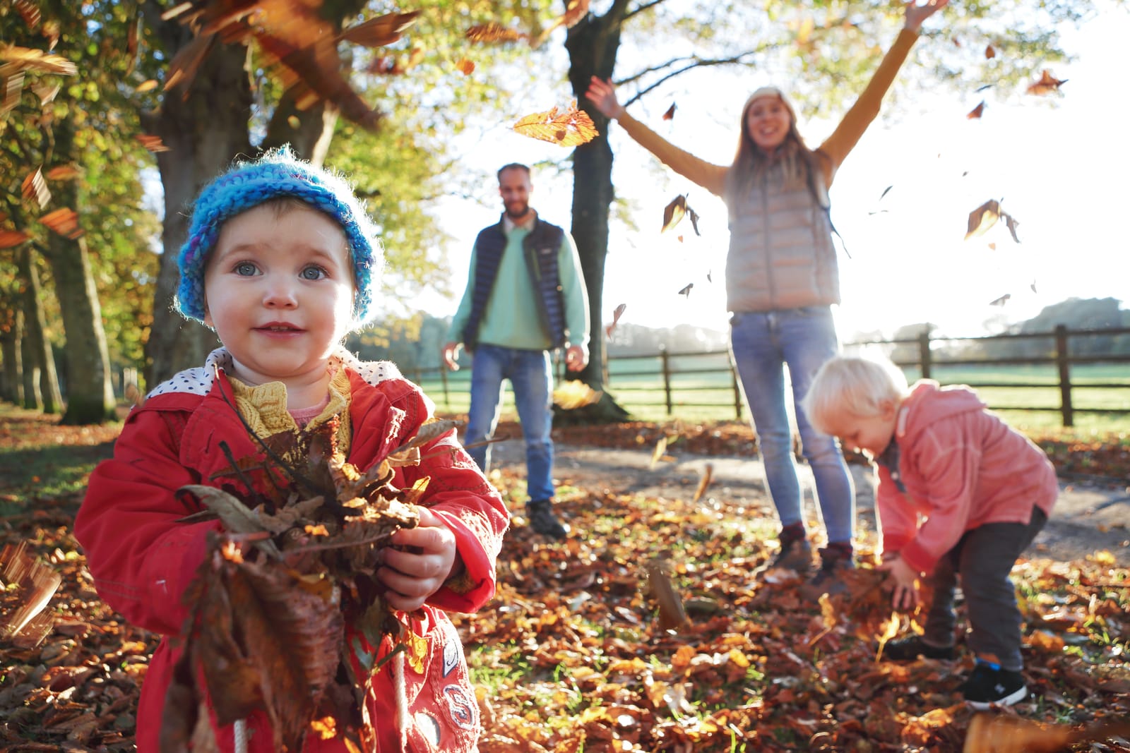 Photograph of a family playing with fallen leaves in the sunshine