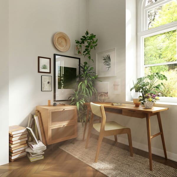 Photograph of a desk area filled with plants and surrounded with artwork