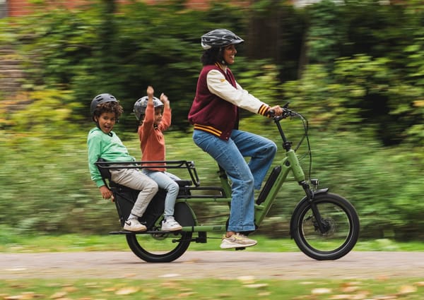 children being ridden on an electric cargo bike by their mother